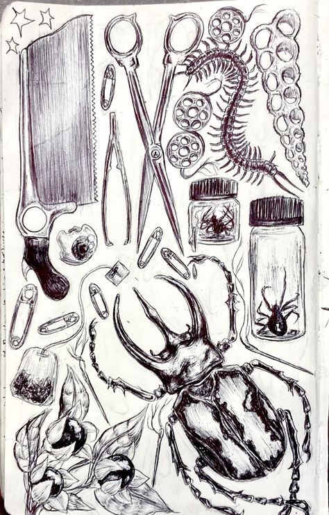 Sketchbook Border Ideas, Oddities Artwork, Mixed Media Sketchbook Pages, Collage Of Drawings, Gothic Sketches Drawing, Oddities Drawing, Sketchbook Cover Drawing, Horror Journal Ideas, Alternative Sketches