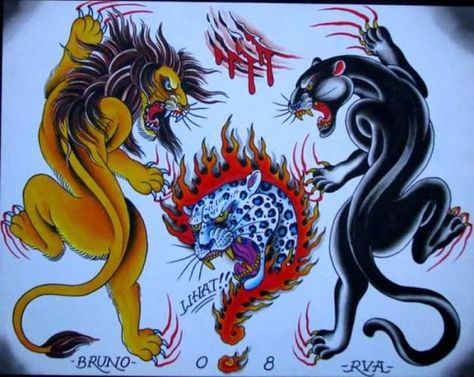 Tattoos Fire, Traditional Lion Tattoo, Traditional Panther Tattoo, Tiger Head Tattoo, Line Drawing Tattoos, Dragon Tattoo Back Piece, Traditional Tattoo Inspiration, Lion Head Tattoos, Panther Tattoo