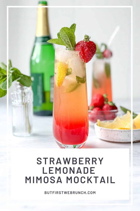 Easy Strawberry Lemonade Mimosa Mocktail - But First We Brunch! Lemonade Mimosa, Mimosa Mocktail, Easy Strawberry Lemonade, Lemon Lemonade, Strawberry Syrup, Easy Strawberry, Fruit Drinks, Strawberry Lemonade, Citrus Fruit