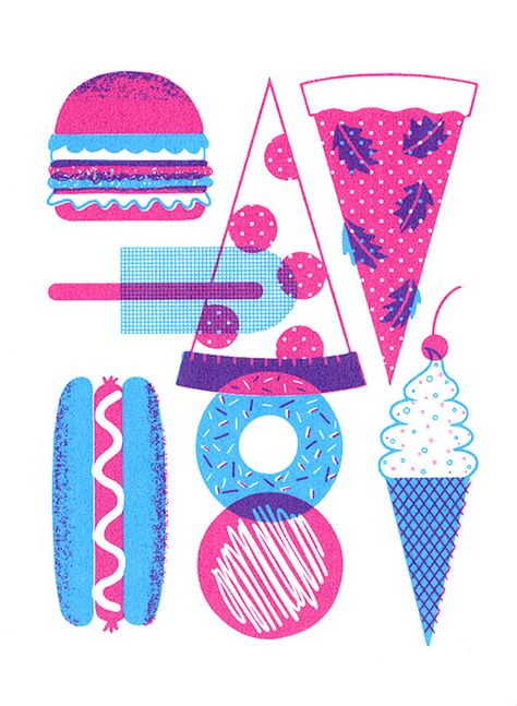 Boyoun Kim Risograph Illustration, Riso Print, Risograph Print, Design Editorial, Illustration Character Design, Silk Screen Printing, Food Illustrations, Art Plastique, Graphic Design Inspiration