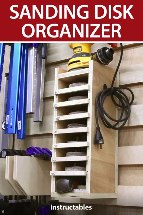 Woodshop Tool Storage, Sander Storage Ideas, Sand Paper Organizer, Sandpaper Storage Ideas, Sand Paper Storage Ideas, Sanding Disk Storage, Sander Organizer, Sandpaper Organizer Diy, Sanding Disc Organizer