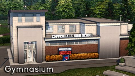 Copperdale High School Gymnasium | Sims 4 Build | Patreon High School Gymnasium, Sims 4 High School, School Gymnasium, Sims 4 Patreon, Sims 4 House Building, High School Years, Sims 4 Collections, Sims 4 Mods Clothes, House Building