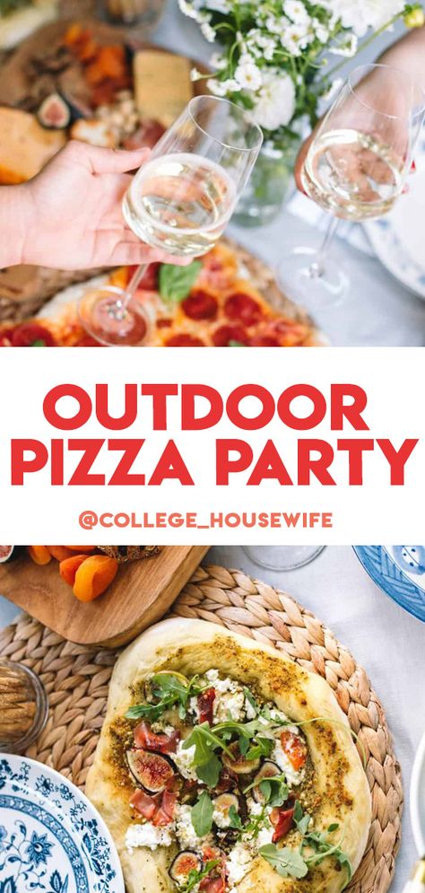 This easy outdoor pizza party is a cinch to throw together and great for a backyard party during summer! Set up a simple pizza making station equipped with sauces, toppings, and pizza dough. Fire up your outdoor pizza oven (or just use a bunch of baking sheets in the oven!) and create a casual table set up with lots of wine and appetizers! I've got all the inspiration you need here! Homemade Pizza Party, Pizza Bar Party, Outdoor Pizza Party, Outdoor Pizza Oven Recipes, Pizza Party Ideas, Backyard Pizza Party, Pizza Dinner Party, Simple Pizza, Ricotta Pizza