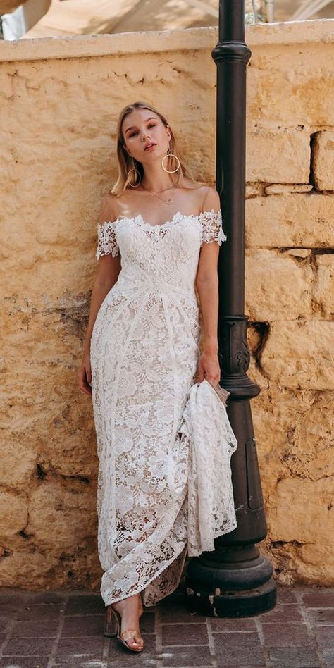 22 Casual wedding dresses for summer---off shoulder embroidered wedding dress,  backyard weddings, country weddings, woodland forest weddings, simple wedding dress for minimalist brides, modern wedding dress Simple Backyard Wedding, Forest Wedding Dress, Boho Wedding Dress With Sleeves, Lovers Society, Simple Backyard, Backyard Wedding Dresses, Wedding Dress With Sleeves, Embroidered Wedding Dress, Quoi Porter