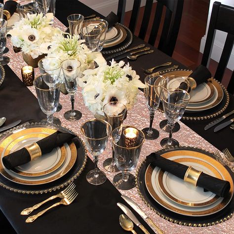 Amazon.com: HOMIX 4 Pieces Tablecloth and Sequin Table Runner Black and Rose Gold Polka Dots Confetti Table Cover Glitter Decorations for Birthday Wedding Anniversary Party Supplies (2 Sets) : Home & Kitchen Black And Rose Gold Dinner Table Setting, Rose Gold And Black Decor, Black Gold And Pink Party Decoration, Gold And Black Table Decor, Rose Gold And Black Party Theme, Black And Gold Table Decorations, Rose Gold Table Setting, Pioneer Meeting, Gold Table Decorations