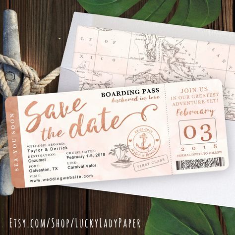 Boarding Pass Save The Date, Cruise Design, Watercolor Nautical, Destination Wedding Invitation, Passport Invitations, Tropical Travel, Cruise Wedding, Date Invitation, Lucky Ladies