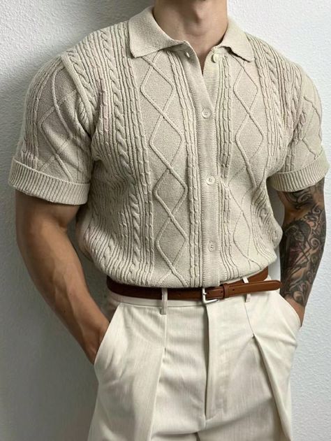 Apricot Casual Collar Short Sleeve Fabric Plain  Embellished Slight Stretch  Men Clothing Dark Academia For Men, Dark Academia Outfit Men Summer, Man Dark Academia, Dark Academia Winter Outfit, Academia Aesthetic Outfit Men, Mens Smart Casual Outfits, Mens Business Casual Outfits, Classy Outfits Men, Smart Casual Men