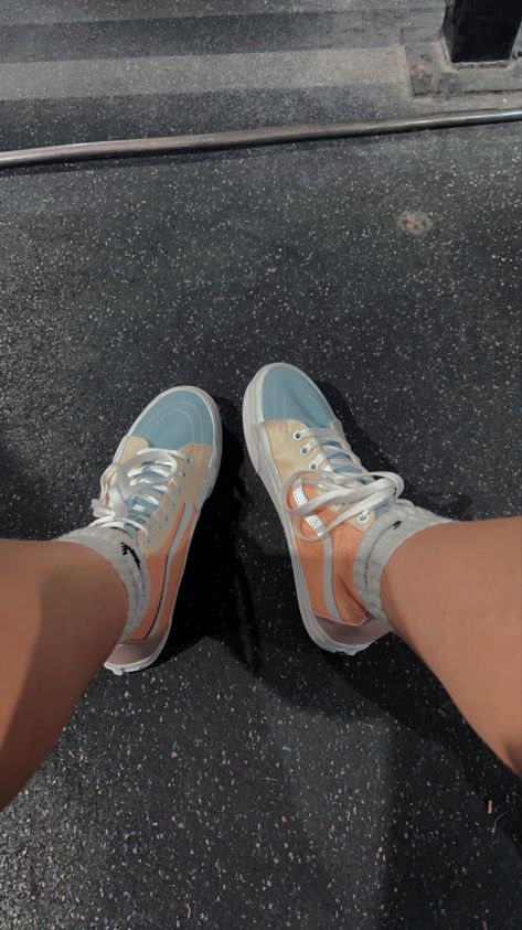 Pastel Vans Outfit, Van High Tops Outfit, High Top Vans Outfit, High Tops Vans, Peach Vans, Aesthetic Vans, Pastel Vans, Multi Colored Vans, Hightop Vans