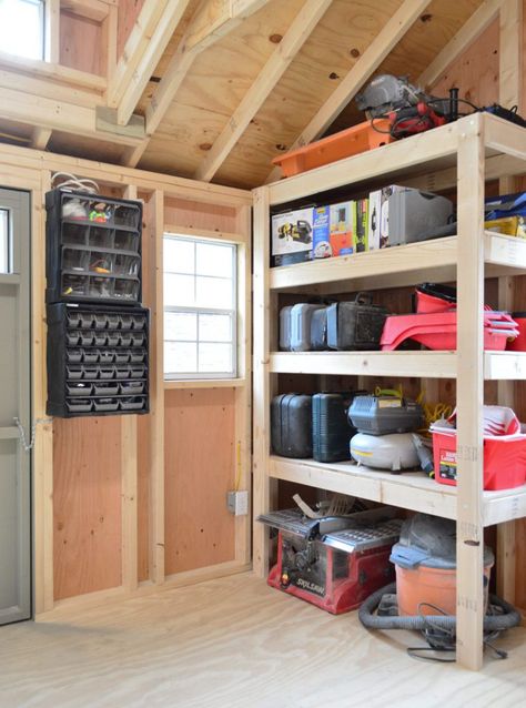 Storage Building Organization, Shed Storage Shelves, Shed Shelving, Storage Shed Organization, Workshop Garage, Shed Organization, Simple Shed, Pulley System, Garage Remodel