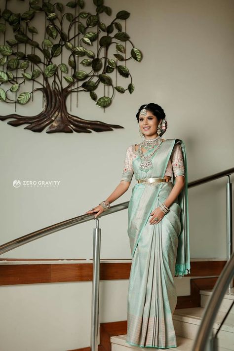 Pastel Color Saree For Wedding, Pastel Color Pattu Sarees, South Indian Bride Saree Color Combinations, Pastel Pattu Saree, Marriage Hairstyle, Reception Jewellery, Reception Saree For Bride, Pastel Saree, Bride Sarees