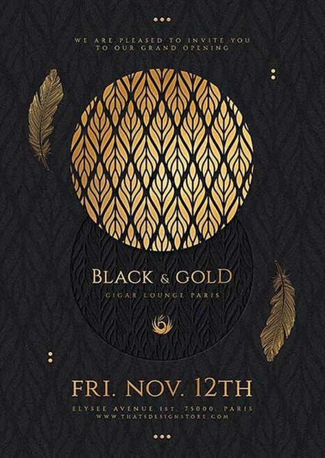 Luxury Flyer Design, Black And Gold Lounge, Luxury Poster Design, Elegant Poster Design, Luxury Design Graphic, Social Media Manager Website, Gold Graphic Design, Gold Website, Black And Gold Art Deco