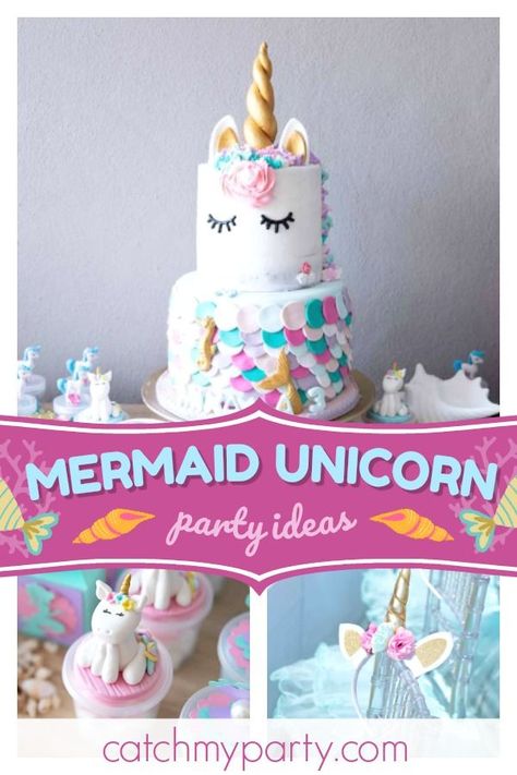 Swoon over this dazzling Mermaid Unicorn birthday party! The table settings are gorgeous! See more party ideas and share yours at CatchMyParty.com #catchmyparty #partyideas #unicornparty #mermaidparty #girlbirthdayparty Unicorn Mermaid Party Ideas, Unicorn Mermaid Birthday Party Decorations, Unicorn And Mermaid Party, Mermaid And Unicorn Party Decorations, Mermicorn Birthday Party, Mermaids And Unicorns Party, Mermaid Unicorn Party, Mermicorn Cake Ideas, Mermaid Unicorn Birthday Cake