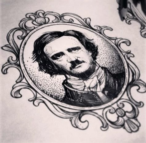 I like the frame                                                                                                                                                                                 More Edgar Allen Poe Tattoo, Scary Tattoo Ideas, Alex Tabuns, Poe Tattoo, Scary Tattoos, Allen Poe, Edgar Allen Poe, Horror Tattoo, Edgar Allan