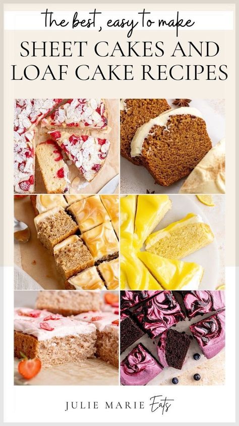 Julie Marie Eats share a variety of sheet cakes and loaf cake recipes. Her easy to make sheet cakes dessert recipes are perfect to try for your next gathering. Follow for more step by step recipes on how to make sheet cakes and loaf cake from scratch. 8x8 Cake Recipes, Sheet Cake For A Crowd, Best Sheet Cake, Loaf Cake Ideas, 8x8 Cake, Easy Pound Cake Recipes, Homemade Cake Mix Recipes, Homemade Birthday Cake Ideas, Baking For A Crowd