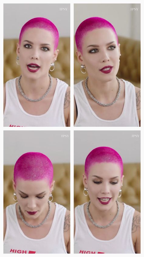 Buzz Cut Women Dyed, Buzzcut Designs, Buzzcut Woman, Halsey Hair, Magenta Hair Colors, Pixie Hair Color, Buzz Cut Women, Cut Baby, Magenta Hair