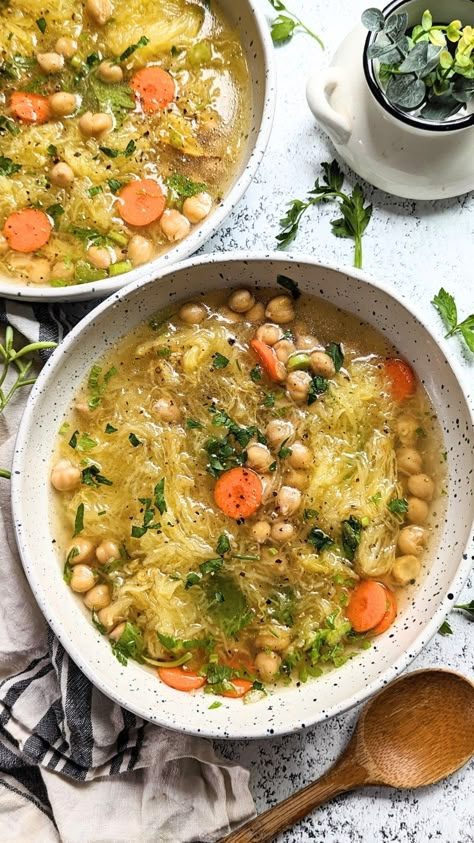 Nothing says cozy like a warm bowl of homemade soup – anytime of year! I am constantly trying out new and flavorful soup combinations to make. This easy spaghetti squash soup recipe was a winner, and really fun to enjoy.
Vegan soups vegetarian summer soup recipes Chickpea Spaghetti Squash, Soup With Spaghetti Squash, Spaghetti Squash And Chickpeas, Spaghetti Squash Pho, Squash Recipes Vegetarian, Spaghetti Squash Recipes Soup, Chunky Squash Soup, Spaghetti Squash Ramen, Heart Healthy Vegan Recipes