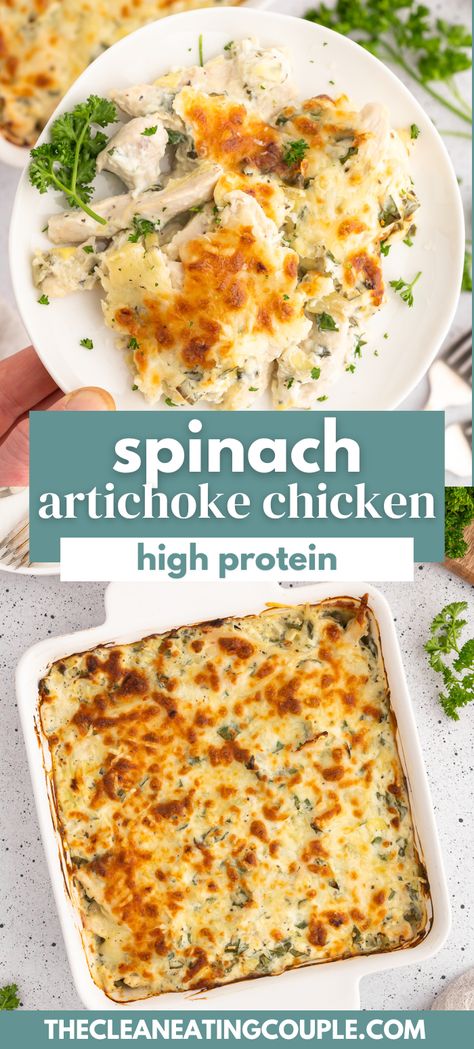 High Protein Spinach Artichoke Chicken is a must make for dinner! This easy artichoke chicken bake is the best dinner that's secretly healthy and has over 35g protein per serving! This casserole can easily come together in one dish for easy clean up. Dinner With High Protein, Dinner Recipes Healthy Casserole, Keto Spinach Artichoke Chicken Casserole, High Protein Spinach Artichoke Chicken, Spinach Artichoke Dip Chicken Bake, Healthy Chicken Casserole Recipes Easy, Healthy High Protein Meal Prep Ideas, Casserole Recipes Protein, Simple Clean Dinners