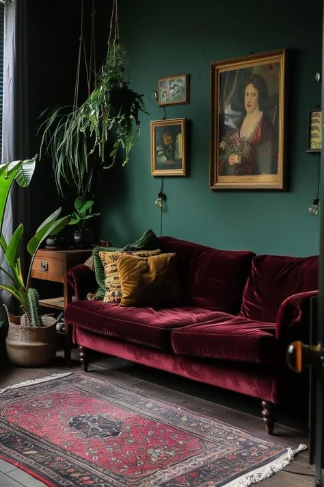 Teal Green Living Room, Wine Red Living Room, Dark Green Sofa Living Room Ideas, Jewel Tone Apartment, Burgundy Walls Living Room, Green And Red Living Room, Emerald Living Room, Living Room Green Walls, Cottagecore House Aesthetic