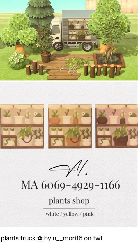 Plant illustrations using the animal crossing custom design feature. the pictures of plants are on a stationary Truck item used to decorate in the animal crossing island game. The plant illustrations on the truck make it look like the truck is selling or displaying plants. The design code for these illustrations to be downloaded into your game, is also featured and reads: MA 6069-4929-1166

there are 3 color ways of this illustration to choose from: white, yellow, and pink. Animal Crossing Greenhouse Code, Animal Crossing Plant Shop Code, Acnh Sign Design Code Shop, Plants Animal Crossing, Flower Stand Acnh Code, Animal Crossing Steps Code, Animal Crossing Flower Sign, Springcore Island Animal Crossing, Acnh Flower Shop Code