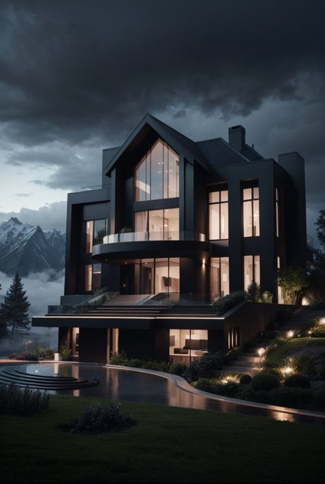 Dark mansion in foggy mountains Black Mansion Exterior, Dark Modern Mansion, Black Aesthetic House, Dark Mansion Aesthetic, Black Mansion, Dark House Aesthetic, Dark Mansion, Dark Modern House, Home Exterior Ideas