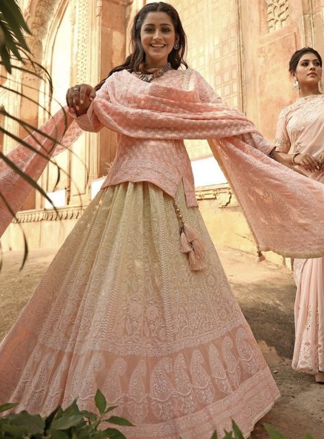 Lehenga With Kurti, Lucknowi Chikankari Lehenga, Peach Lehenga, Diverse Fashion, Chikankari Lehenga, Denim Top Women, Lucknowi Chikankari, Gowns Dresses Elegant, Pakistani Fashion Party Wear