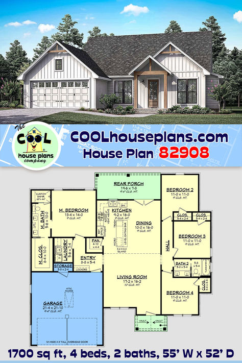 This Farmhouse Plan comes with an efficient floor plan including 1700 sq ft of heated living space, 484 sq ft 2 bay garage + storage, and 190 sq ft of covered porches. Your master suite is private thanks to the split layout, and it has a very large walk-in closet attached to the bathroom. Three children's bedrooms share the full guest bathroom. Wide open living space delights with a huge kitchen island, walk-in pantry, dining area with porch access, and living room with 10 foot high ceiling. 1800 Sq Ft House Plans, Huge Kitchen Island, Farmhouse Floor Plans, Plans Modern, Open Space Living, Shared Bedrooms, Farmhouse Homes, House Plans Farmhouse, Car Garage