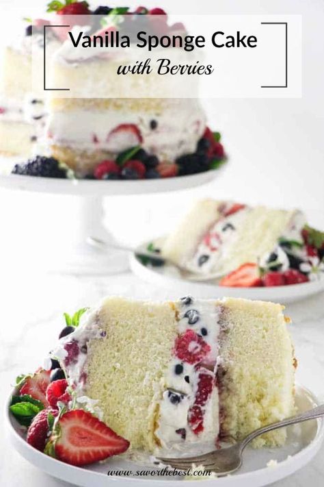 A super easy sponge cake that is moist and tender! This dessert is always a favorite #dessert #cake #spongecake #vanillacake #savorthebest Piniata Cake, Hot Milk Sponge Cake, Mousse Frosting, Cake With Berries, Moist Vanilla Cake, Tiramisu Dessert, Postre Keto, Cheesecake Mousse, Vanilla Sponge Cake