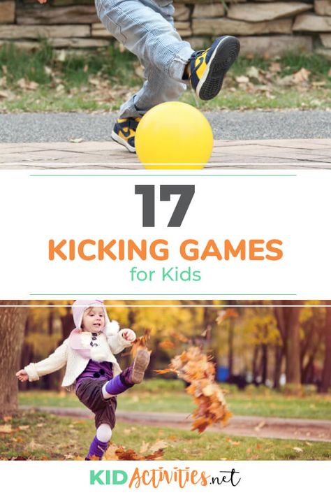 A collection of 17 fun kicking games for kids. Great for outside or gym play. #KidActivities #KidGames #ActivitiesForKids #FunForKids #IdeasForKids Football Gross Motor Activities, Kicking Games For Elementary Pe, Kicking Activities For Preschool, Elementary Soccer Games, Soccer Games For Elementary Pe, Kindergarten Gym Games, Gym Activities For Kids, Playgroup Themes, Kids Gym Games