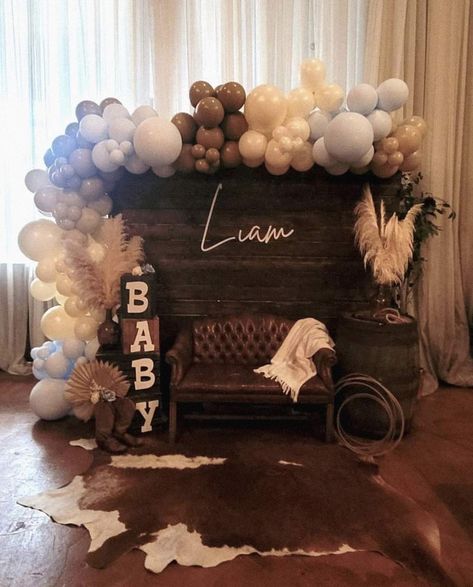 A New Little Cowboy is On His Way! | CatchMyParty.com Cowboy Baby Shower Theme, Rodeo Baby Shower, Cow Baby Shower Theme, Cowboy Themed Birthday Party, Babby Shower, Rodeo Baby, Cowgirl Baby Showers, Cow Baby Showers, Country Baby Shower