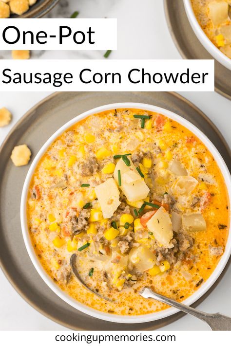 Cozy up with a bowl of hearty sausage corn chowder, the perfect comfort food for chilly days. Enjoy for an easy weeknight dinner or serve it to a crowd at your next get together. Sausage Corn Chowder Recipe, Sausage Corn Chowder, One Pot Sausage, Easy Corn Chowder, Summer Corn Chowder, Corn Chowder Soup, Potato Corn Chowder, Corn Chowder Recipe, Chowder Soup