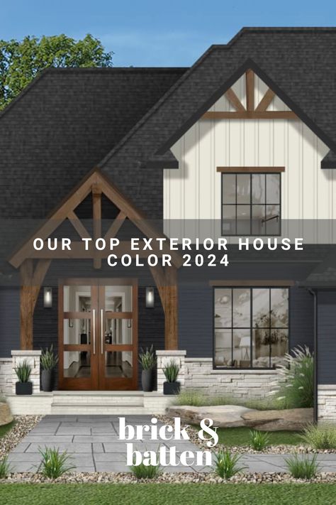 Outside Colours For Houses, Tan House Exterior With Wood Accents, 2 Color Exterior House Colors, Two Color Exterior Homes, New Construction Exterior Colors, House Accents Exterior, Color Blocking Exterior House, Batten Board Exterior Color Schemes, Cottage Siding Colors