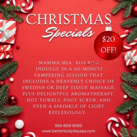 Christmas Specials you don't want to miss! Our Mamma Mia massage is on sale right now for only $110! Give us a call at 954-909-9065! We also offer gift certificates! #christmas #specials #spa Christmas Specials, Better Body, Body Spa, Gift Certificates, A Call, Christmas Special, To Miss, Right Now, Massage