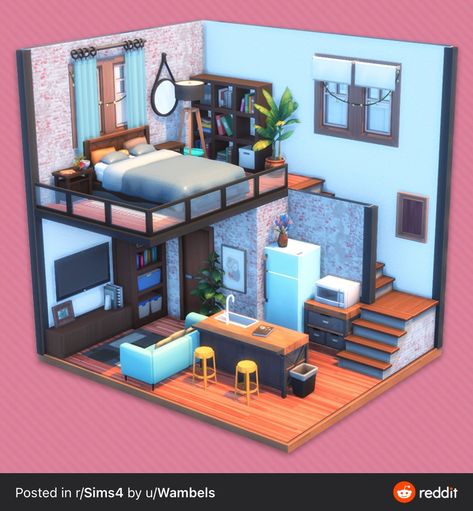 Tiny Loft Apartment, Sims 4 House Ideas, Sims 4 Loft, Sims 4 House, Tiny Loft, Loft House Design, Sims Freeplay Houses, Cozy Loft, Sims Houses