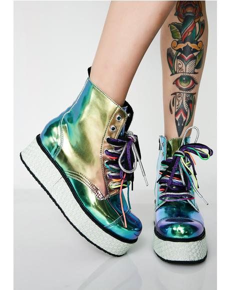 Galactic Mission Platform Boots Galaxy Boots, Holographic Boots, Holographic Shoes, Product Wishlist, Sick Shoes, Goth Platform Boots, Future Punk, Holographic Fashion, Aurora Lights