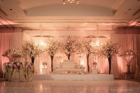 Elegant and Romantic Indoor Wedding Reception | Pink Uplighitng | Floral Backdrop Wedding Stage Lighting, Asian Wedding Ideas, Wedding Reception Themes, Wedding Stages, Glamorous Wedding Decorations, Wedding Setup, Wedding Stage Decor, Indoor Wedding Receptions, Reception Backdrop