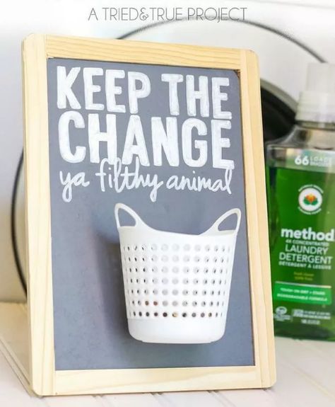 Dark Laundry, Method Laundry Detergent, Diy Detergent, Laundry Room Hacks, Laundry Room Storage Shelves, Change Jar, Laundry Time, Room Storage Diy, Barn Wood Signs