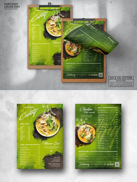 Vintage Green Food Menu Design A4 & US Letter. Easy to edit fully adobe Photoshop format. A4 and US Letter with bleed area and safety zone. Highly Organized Layers (Labeled & grouped). Easy to customize & change photo via smart object. 300 DPI High Resolution. CMYK Color Mode. Print Ready Format. Help PDF file. Modern Menu Design, Catering Menu Design, Indian Food Menu, Cafe Building, Menu Graphic, Menu Sans Gluten, Chinese Menu, Dum Biryani, Food Menu Template