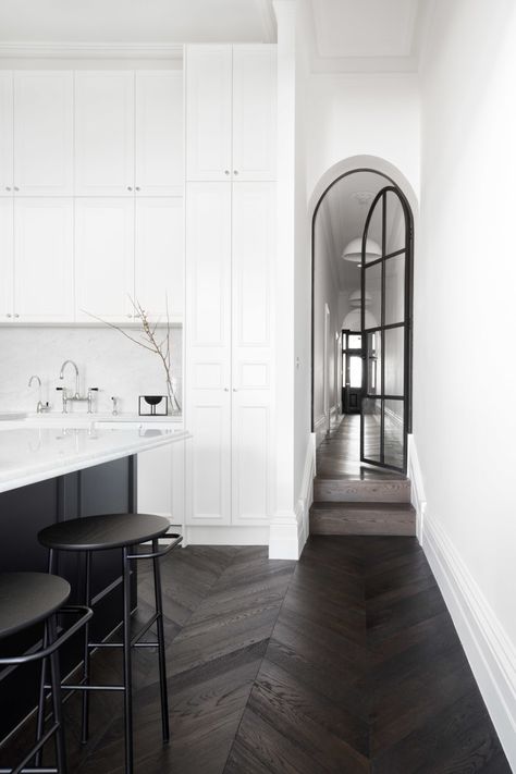 Photo 7 of 8 in Prahran Residence by Biasol - Dwell Hardwood Floors Dark, Inspiration Kitchen, Dark Wood Floors, Classic Kitchen, Contemporary Kitchen Design, Metal Door, Wood Flooring, White Cabinets, Kitchen Layout