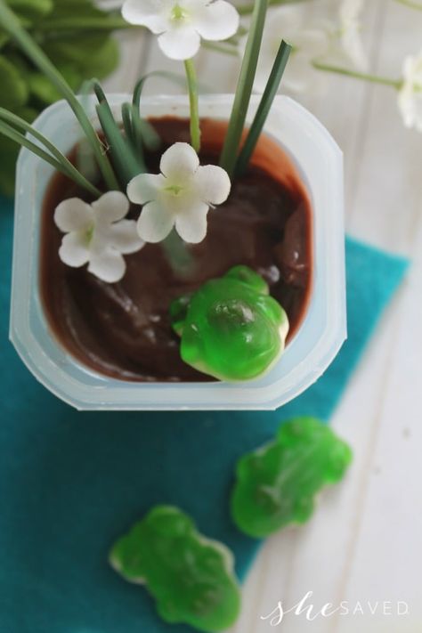 Easy Frog Pond Snack for Kids Frog Shaped Food, Frog Party Food, Frog Food Ideas, Frog Food, Chocolate Pudding Cups, Bug Activities, Preschool Snacks, Frog Theme, Pudding Cups