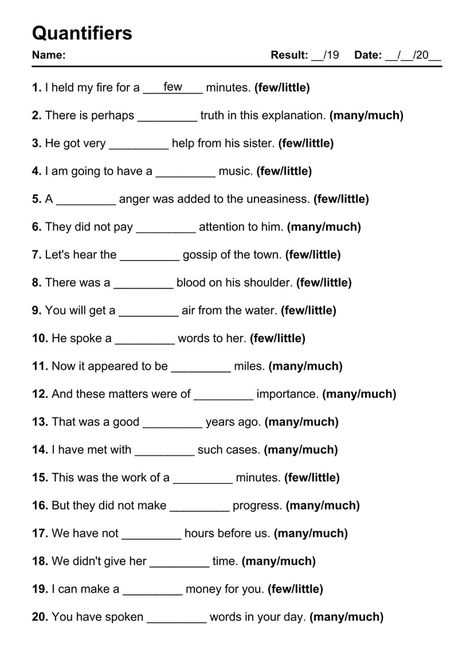 Quantifiers - Test 3 [19 Questions] Determiners Grammar Worksheets, Quantifiers Grammar, Determiners Worksheets, Grammar Activities Worksheets, Easy English Grammar, Adjective Worksheet, Discussion Prompts, Easy English, Teaching English Grammar