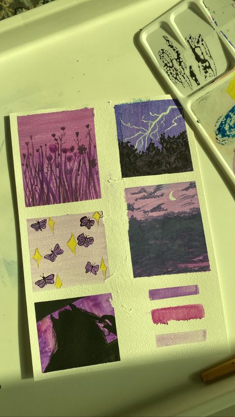 Gouache painting aesthetic mood board💜 Purple Mood Board Painting, Mood Boards Drawing, Mood Board Painting, Board Painting, Painting Aesthetic, Painted Boards, Aesthetic Painting, Cute Little Things, Purple Aesthetic