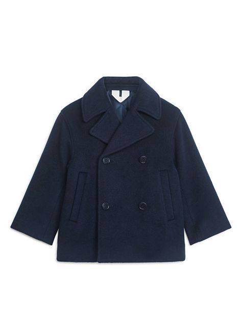 Wool Blend Pea Coat - Dark Blue - ARKET WW Short Navy Jacket, Woollen Coats For Women, Winter Coat 2024, Arket Wool Jacket, Pea Coat Outfits Women, Dream Wardrobe Clothing, Winter Outfits Coats, Wool Coat Short, Short Wool Coat