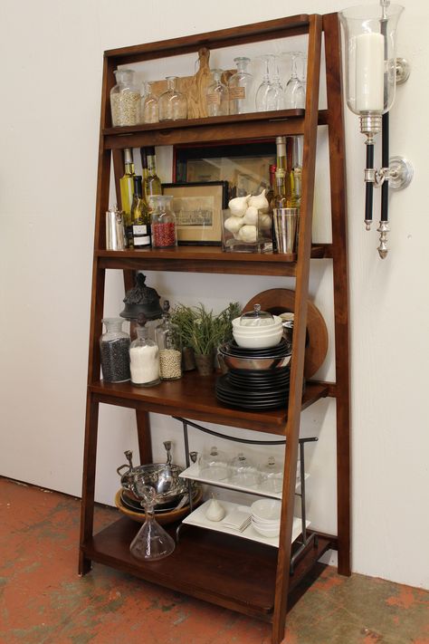 Ladder Shelf in the Kitchen Ladder Shelf Kitchen Storage Ideas, Ladder Shelves Kitchen, Ladder Shelf In Kitchen, Kitchen Ladder Shelf, Dark Wood Ladder Shelf, Ladder Shelf Bar, Ladder Shelf Kitchen, Kitchen Ladder Shelves, Decorating With Ladders