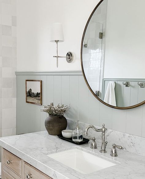 Blue Beadboard Bathroom, Farrow Ball Light Blue, Gray Beadboard, Blue Beadboard, Tile Baseboard, Painted Beadboard, Light Blue Bathroom, Beadboard Bathroom, White Wall Paint