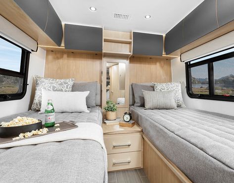 Twin Beds Twin Bed Camper Van, Motorhome Makeover, Mercedes Rv, Small Travel Trailer, Double Door Refrigerator Size, Yacht Ideas, Leisure Travel Vans, Travel Vans, Murphy Bed Ikea