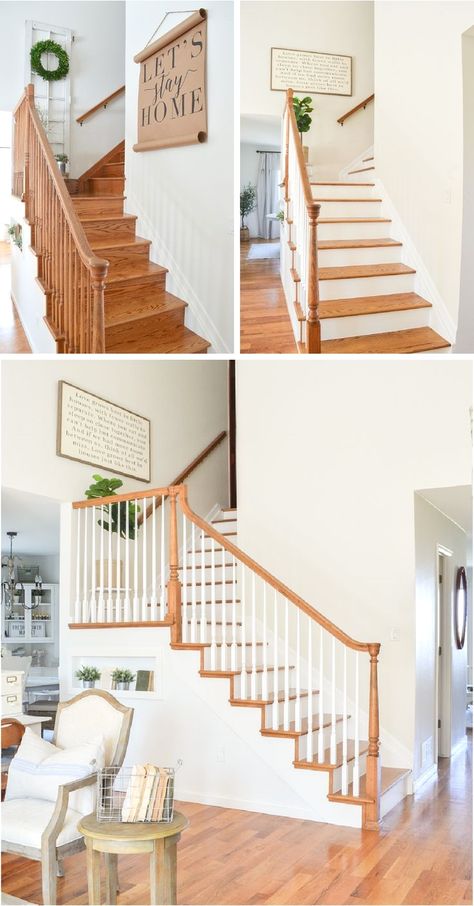 #homdecor #makeover #stairsmakeover #renovation Paint And Wood Staircase, Staircase Design White And Wood, Two Toned Stairs, Wood Stairs Color Ideas, Natural Wood And White Stairs, Stairway Before And After, Staircase White And Wood, White Wood Staircase, Wood Stairs Makeover