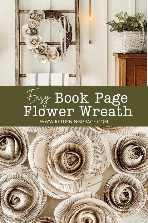 Create a stunning book page flower wreath with this Step-By-Step easy DIY tutorial. Perfect for weddings, Christmas, and elegant home decor. Book Page Wreath Tutorial, Book Paper Wreath, Bookpage Flowers Diy, Page Folding Book Art, Diy Paper Flower Wreath, Book Page Wreaths, Book Page Wreath Diy, How To Make Book Flowers, Diy Book Page Crafts