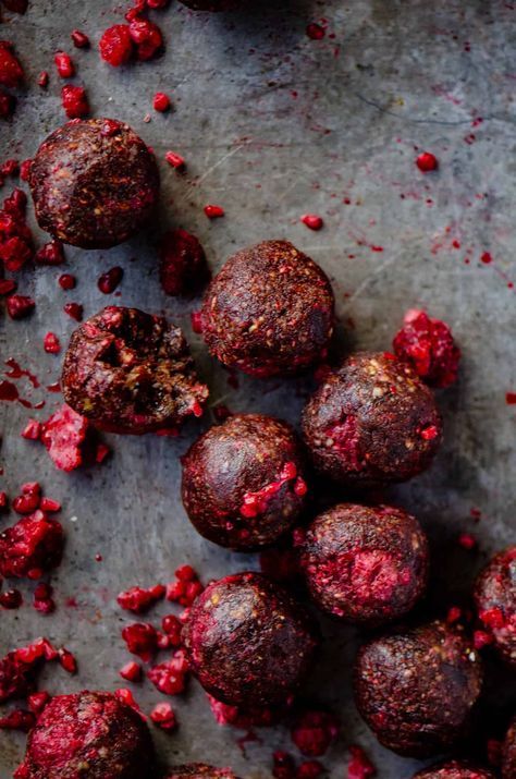 Raspberry Protein Balls - Beside the Mountain Raspberry Bites, Chocolate Energy Balls, Chocolate Protein Balls, Raspberry Chocolate, Protein Balls, Protein Ball, Energy Balls, Chocolate Protein, Chocolate Raspberry