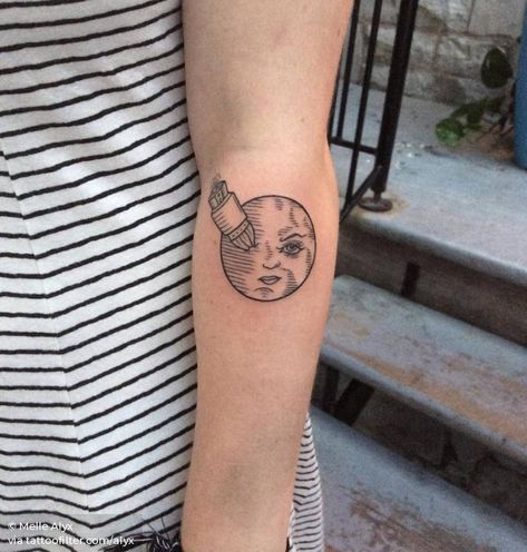 Hugo Cabret Tattoo, A Trip To The Moon Tattoo, To The Moon Tattoo, The Moon Tattoo, A Trip To The Moon, Hugo Cabret, Line Artist, Line Art Style, Work Tattoo