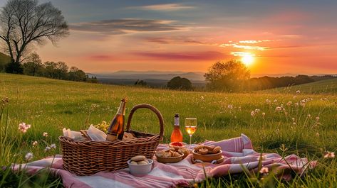 Sunset Picnic Time: A serene sunset picnic setup on a lush green field under a breathtakingly colorful sky. #sunset #picnic #meadow #wine #basket #flowers #serene #tranquil #aiart #aiphoto #stockcake https://ayr.app/l/db7L Picnic On A Hill, Flower Field Picnic, Picnic Landscape, Picnic In A Field, Wine Field, Picnic Field, Picnic Painting, Picnic Images, Picnic Setup